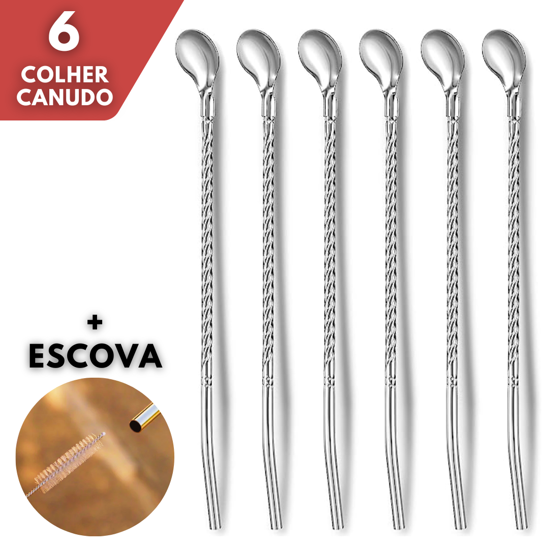 Colher canudo aço inox 22cm (6un + escova)